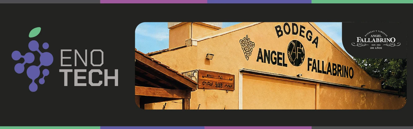 Banner EnoTech de Bodegas Angel Fallabrino, con fotografía de la bodega y su marca